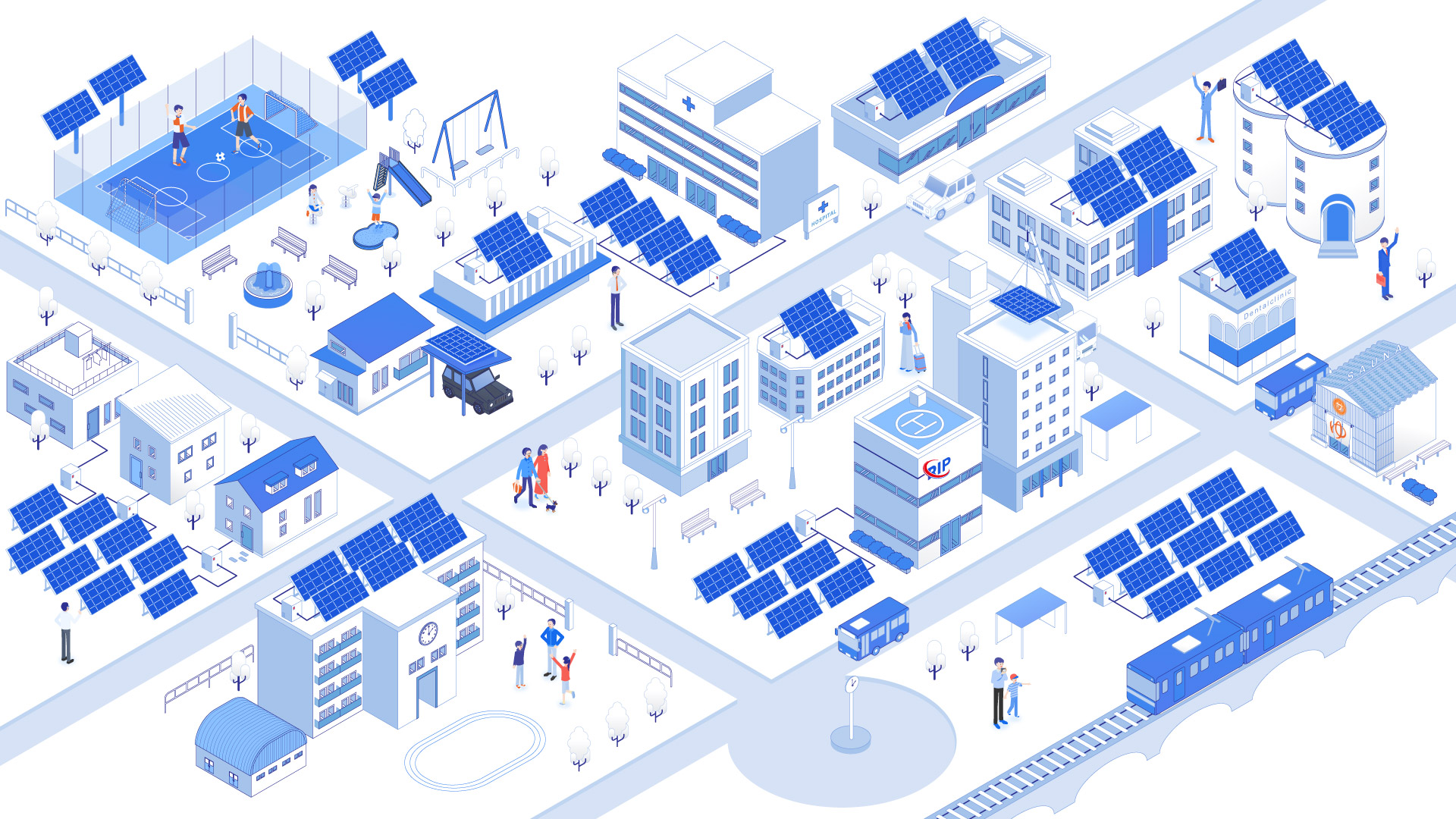 太陽光パネルのある街のアイソメイラスト